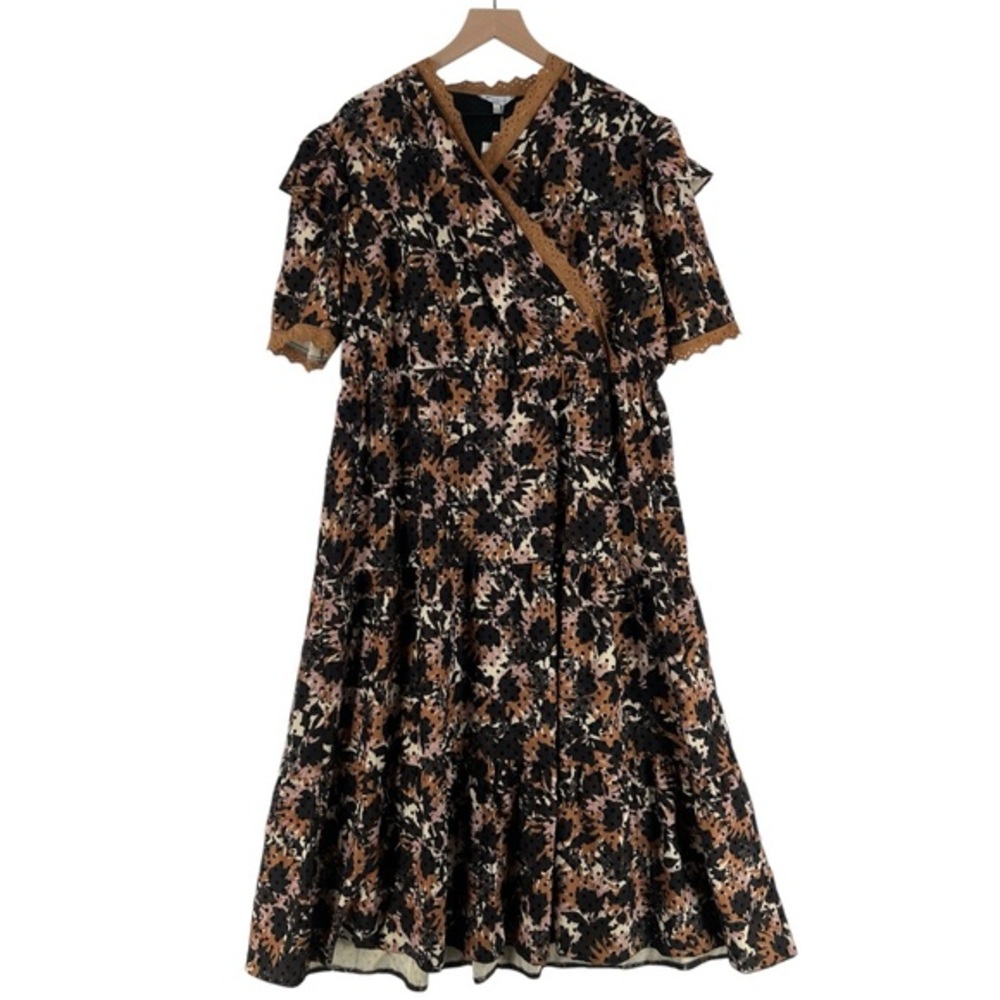 Pano Floral Print Flocked Velvet Eyelet Lace Trim Surplice Tiered Midi Dress